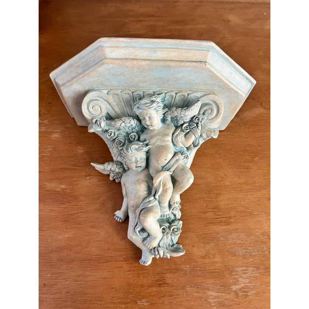 Vintage Cherub Floating Wall Corbel Shelf Heavy Resin Verdigris Angel Putti